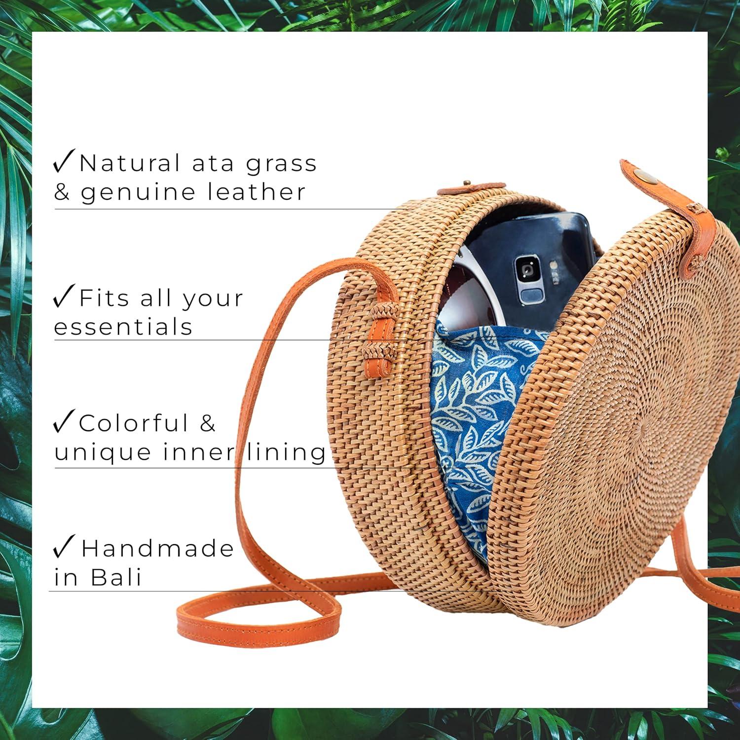 Bolso Redondo de Ratan Novum Crafts para Mujeres - Cartera Tejida a Mano Marrón