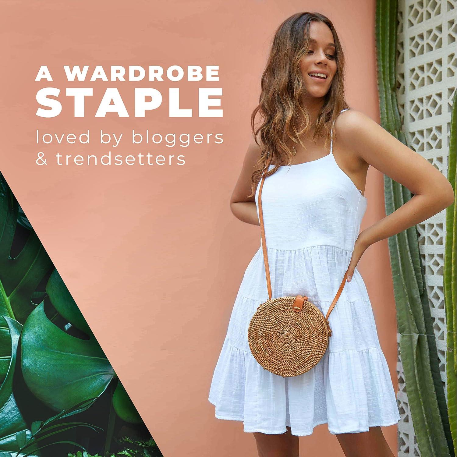 Bolso Redondo de Ratan Novum Crafts para Mujeres - Cartera Tejida a Mano Marrón