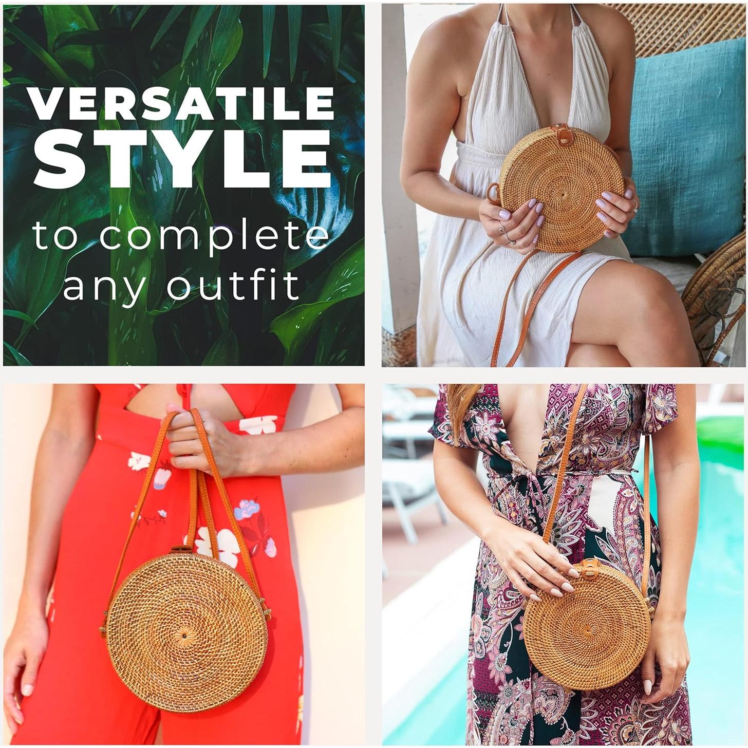 Bolso Redondo de Ratan Novum Crafts para Mujeres - Cartera Tejida a Mano Marrón