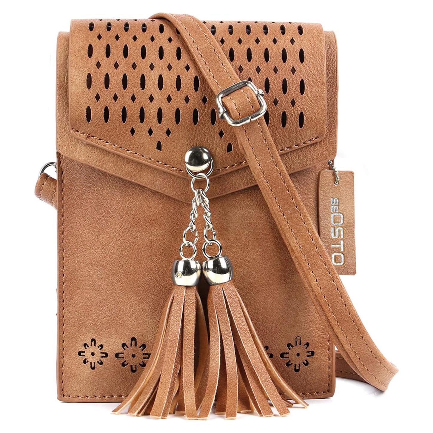 Bolsa Cruzada Pequeña seOSTO para Mujer con Borlas - Marrón