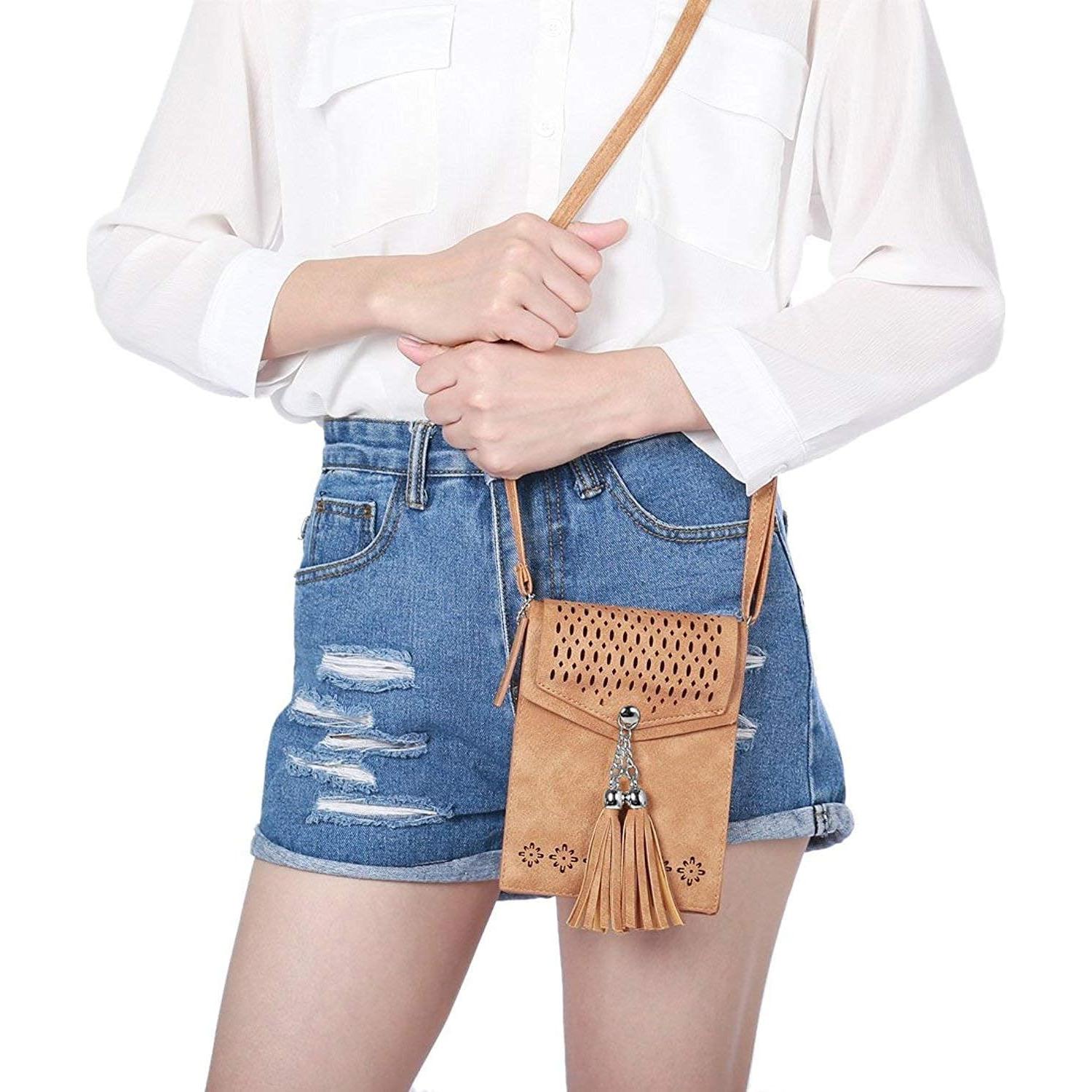 Bolsa Cruzada Pequeña seOSTO para Mujer con Borlas - Marrón