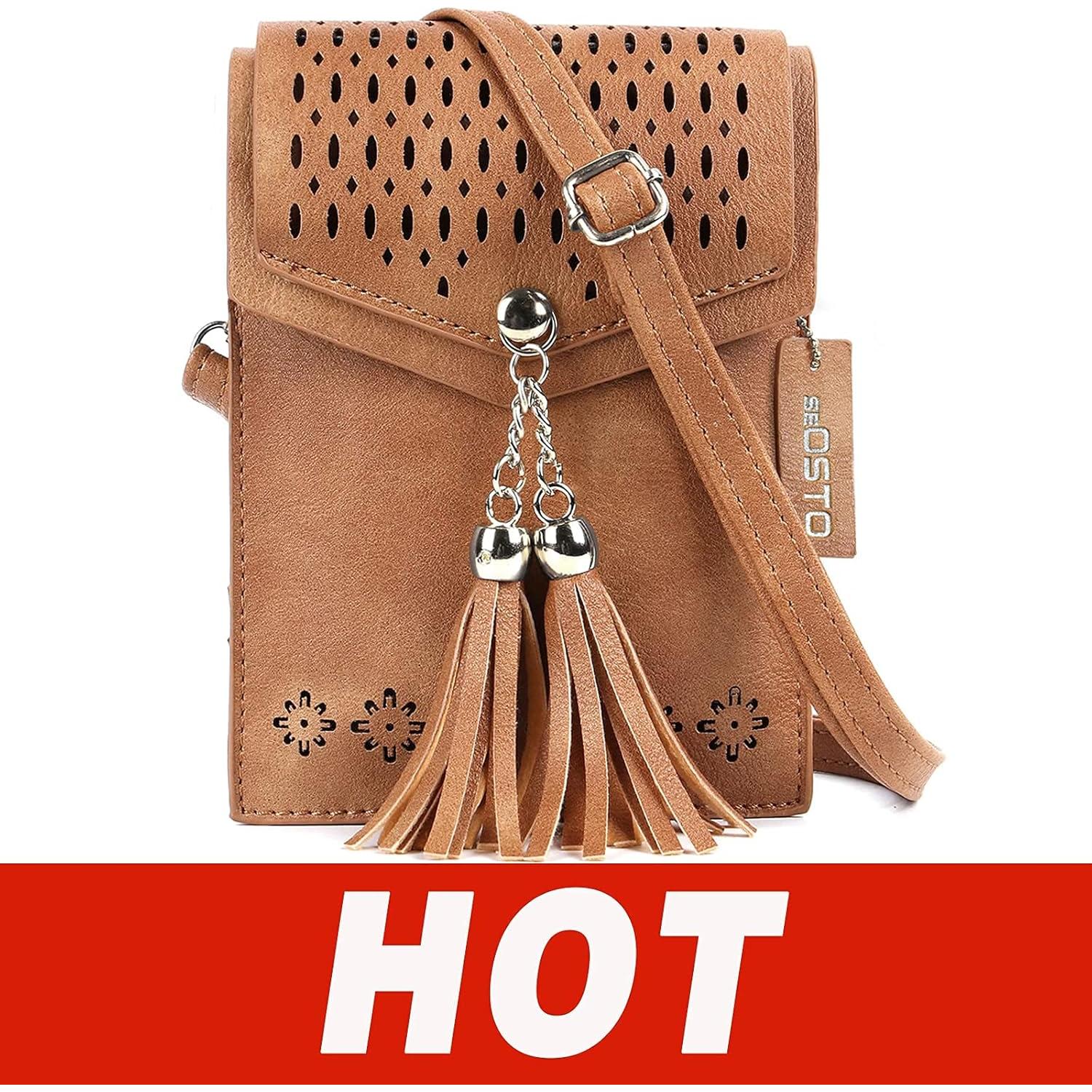 Bolsa Cruzada Pequeña seOSTO para Mujer con Borlas - Marrón