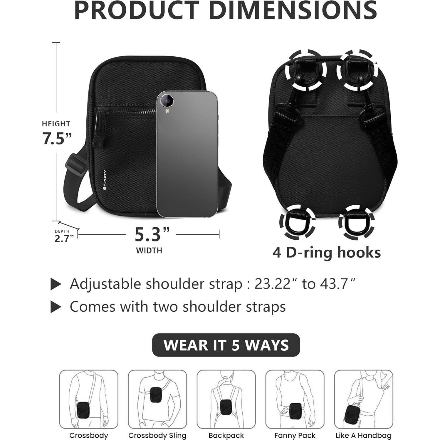 Bolsa Cruzada Bandolera BAPHITY para Mujeres Negra 1.75L