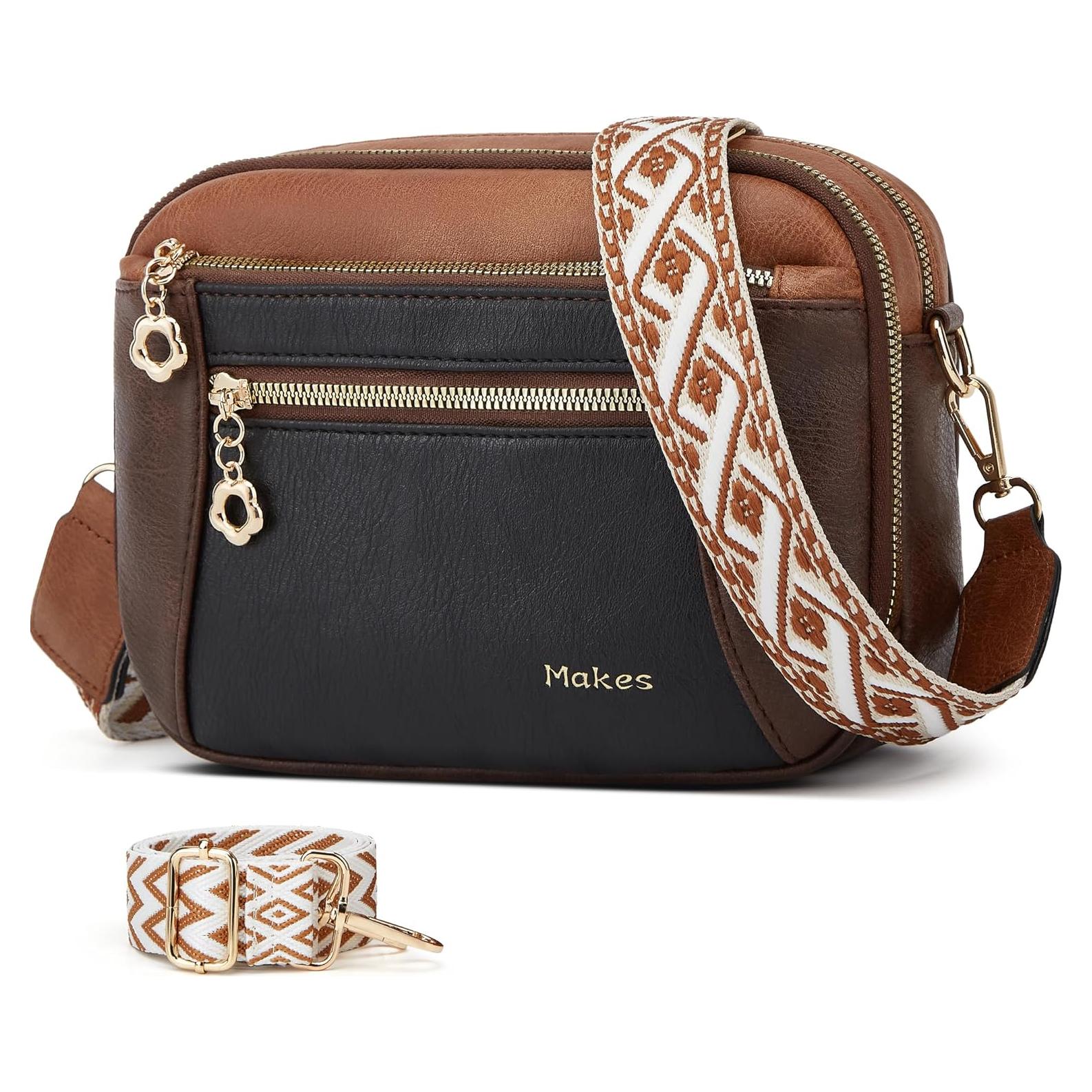 Bolso Cruzado de Cuero Vegano para Mujeres Marrón y Negro