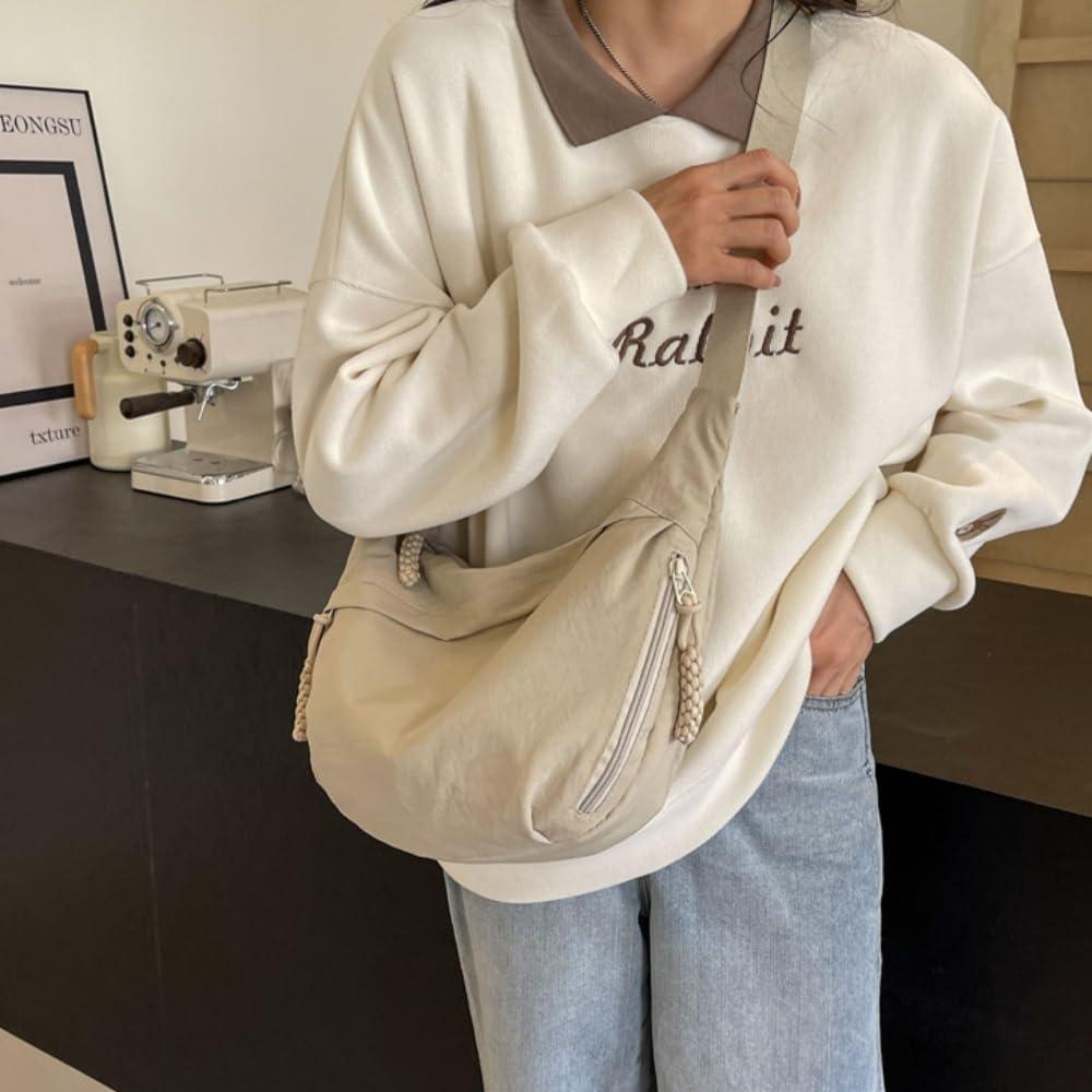 Bolso Cruzado de Nylon para Mujeres MadGrandeur Beige 34x22cm