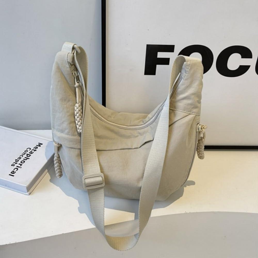 Bolso Cruzado de Nylon para Mujeres MadGrandeur Beige 34x22cm