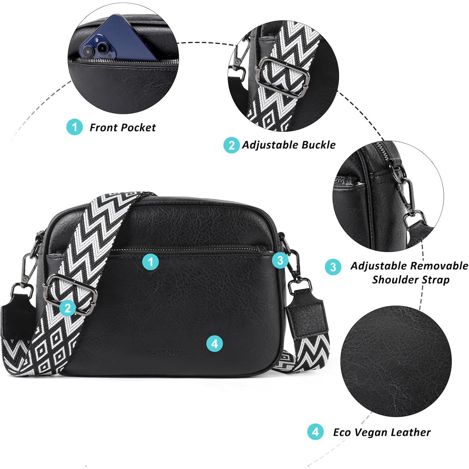 Bolso Cruzado TANTOMI para Mujeres de Cuero Vegano Negro 23x17x8cm