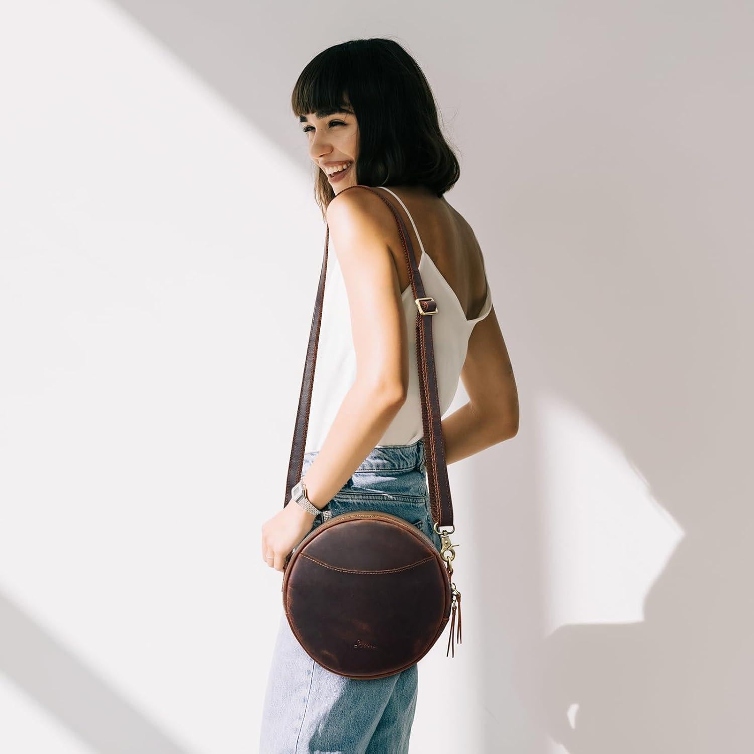 Bolso cruzado de cuero S-ZONE para mujer, marrón oscuro, 21x7.6cm