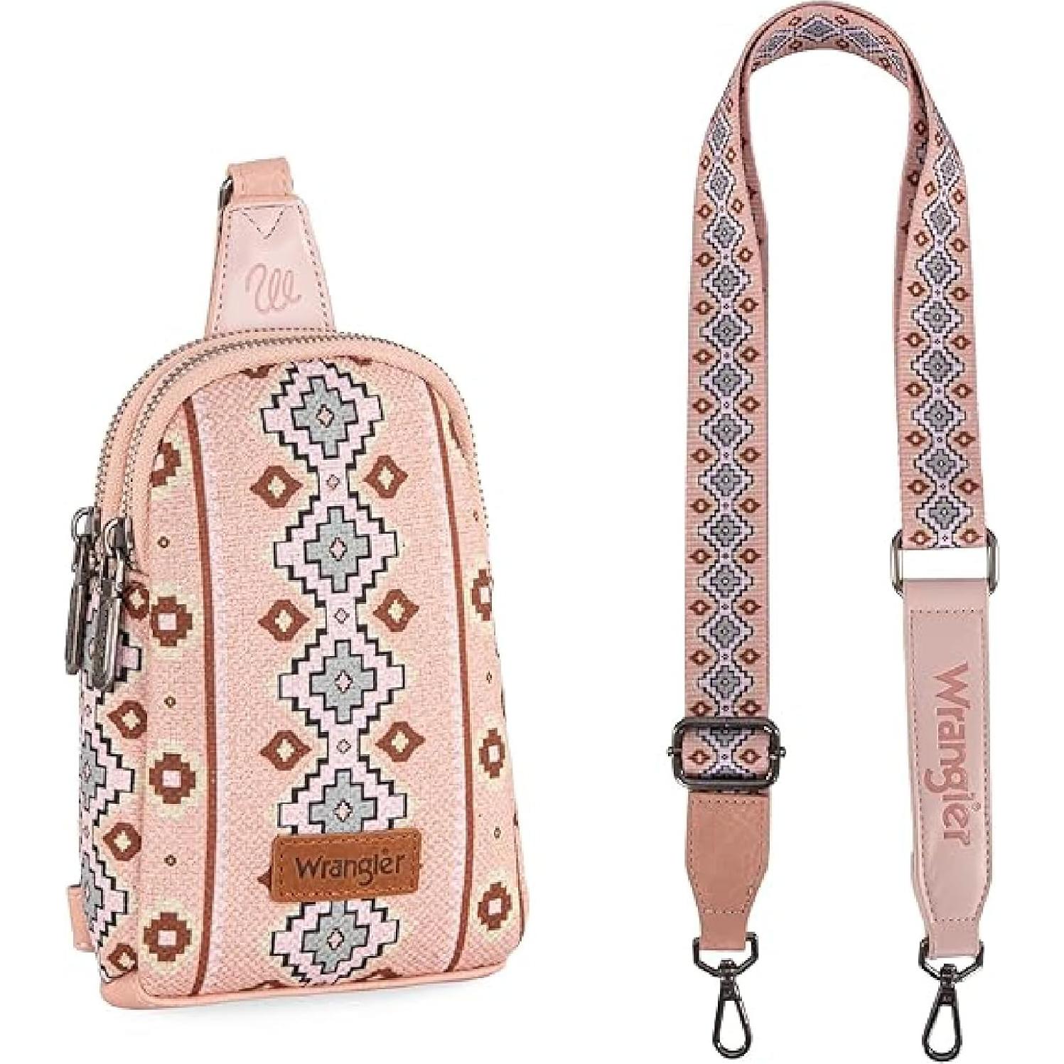 Bolso Cruzado Wrangler Azteca Rosa Claro 19x14cm Doble Capa
