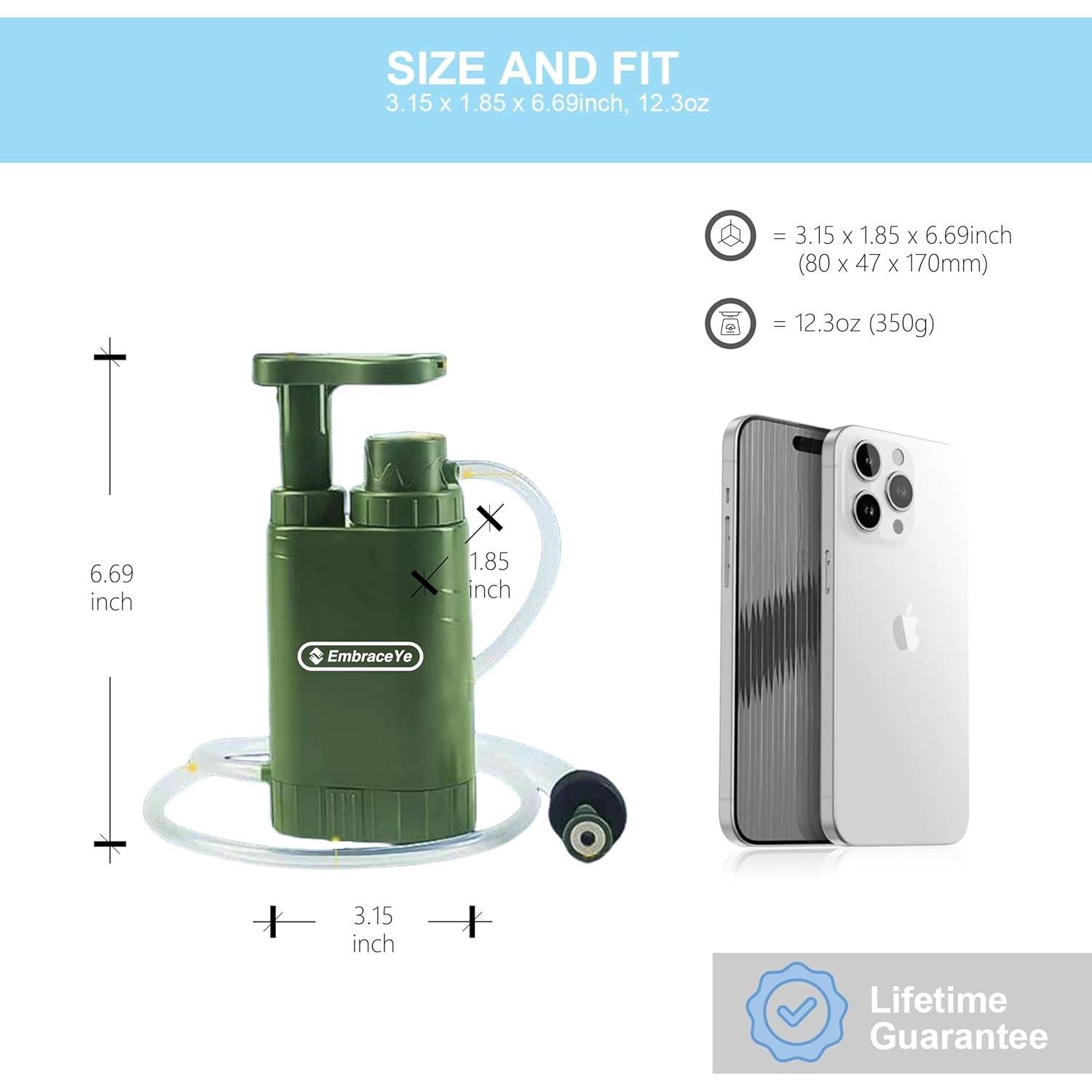 Filtro de Agua Portátil EmbraceYe para Supervivencia 2000L