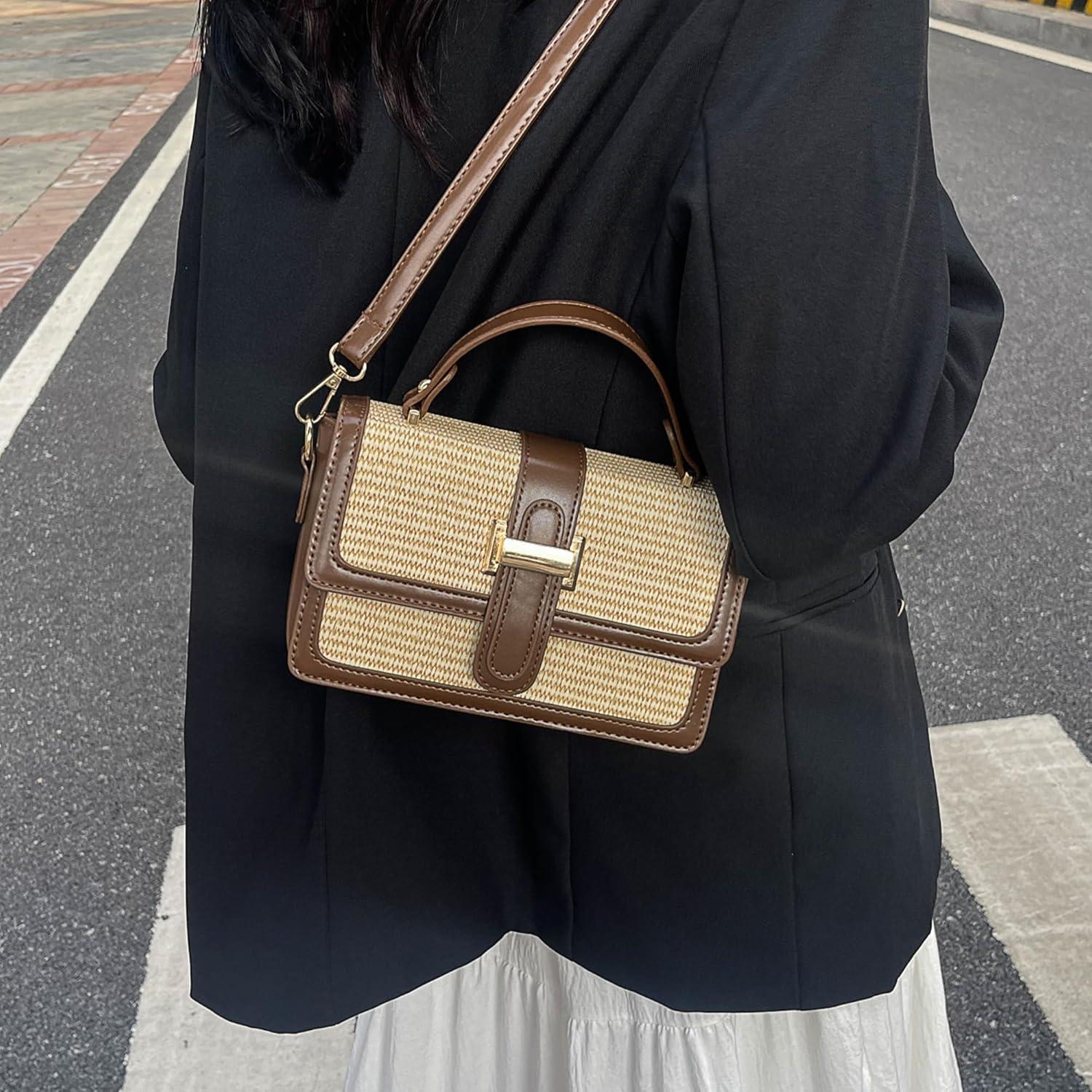 Bolso de paja cruzado IDELCHOIS para mujer, marrón, 21.6x7.9x14 cm