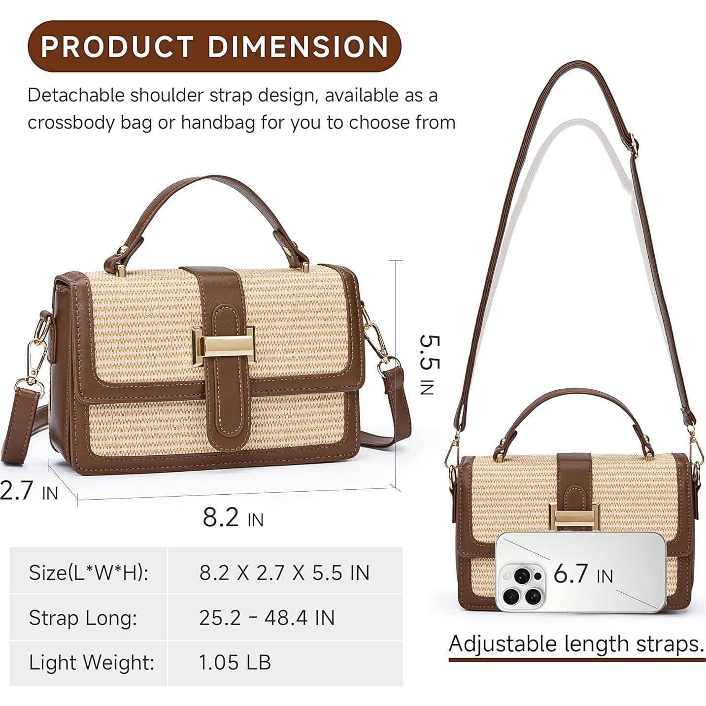 Bolso de paja cruzado IDELCHOIS para mujer, marrón, 21.6x7.9x14 cm