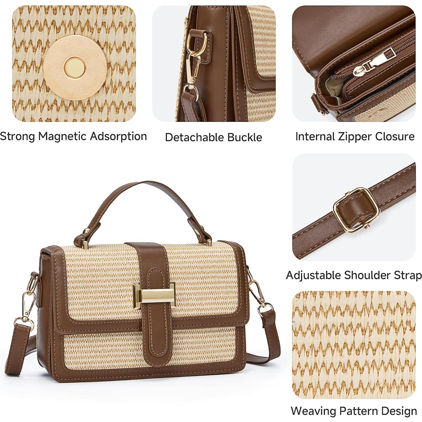 Bolso de paja cruzado IDELCHOIS para mujer, marrón, 21.6x7.9x14 cm