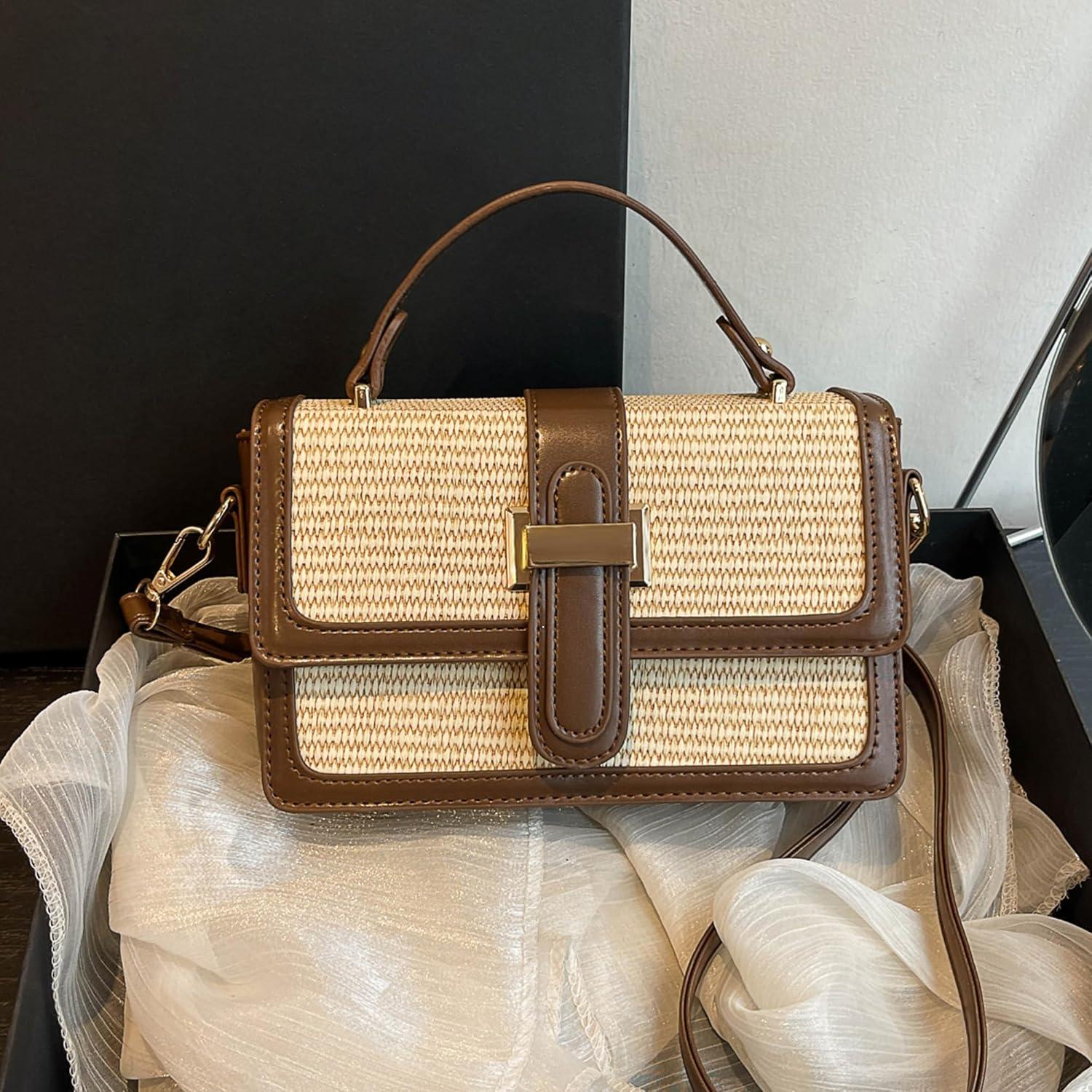 Bolso de paja cruzado IDELCHOIS para mujer, marrón, 21.6x7.9x14 cm