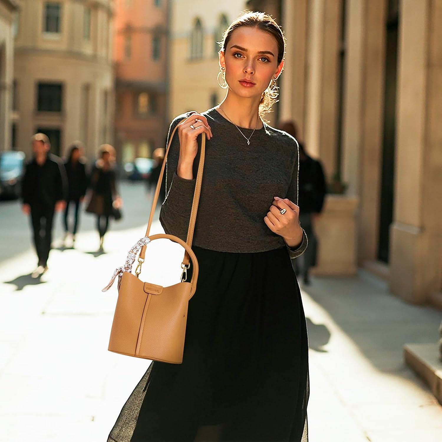 Bolso Bucket Cruzado de Cuero Vegano para Mujeres Marrón