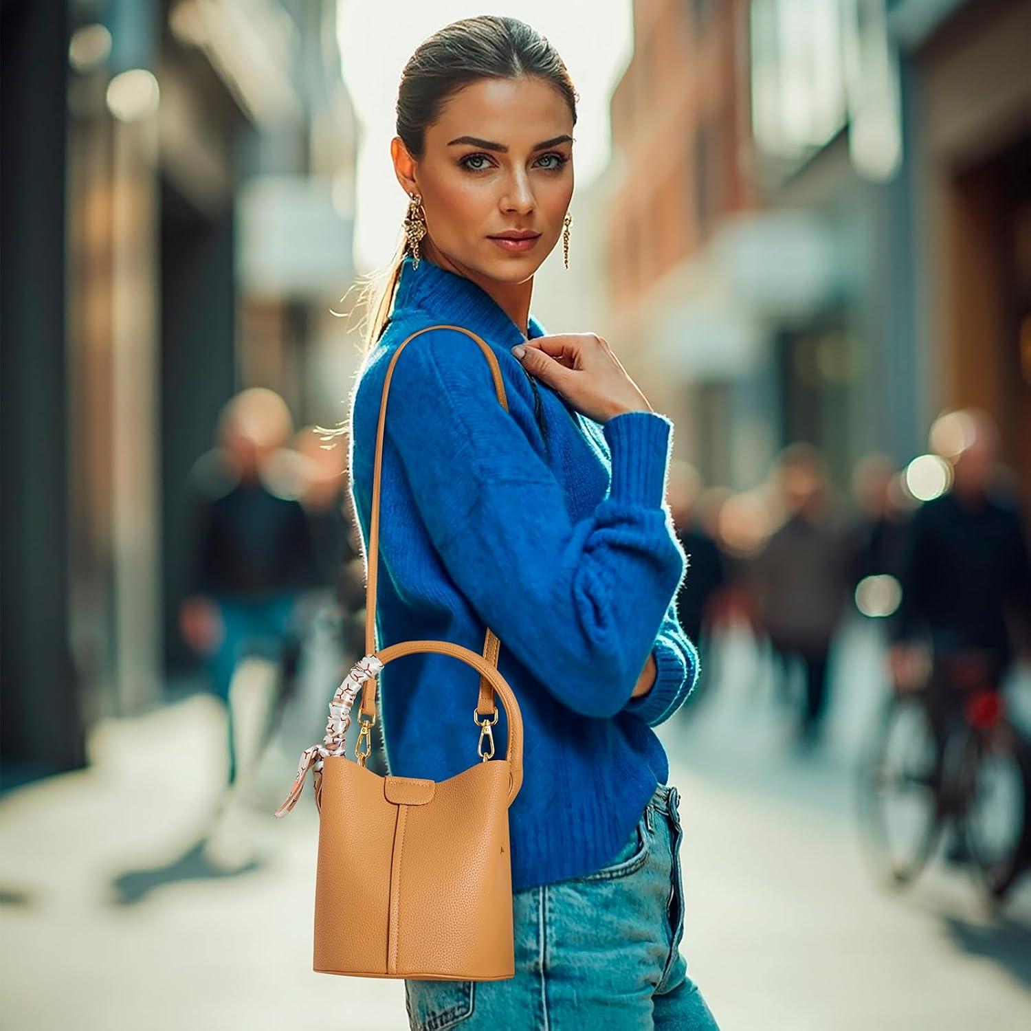 Bolso Bucket Cruzado de Cuero Vegano para Mujeres Marrón