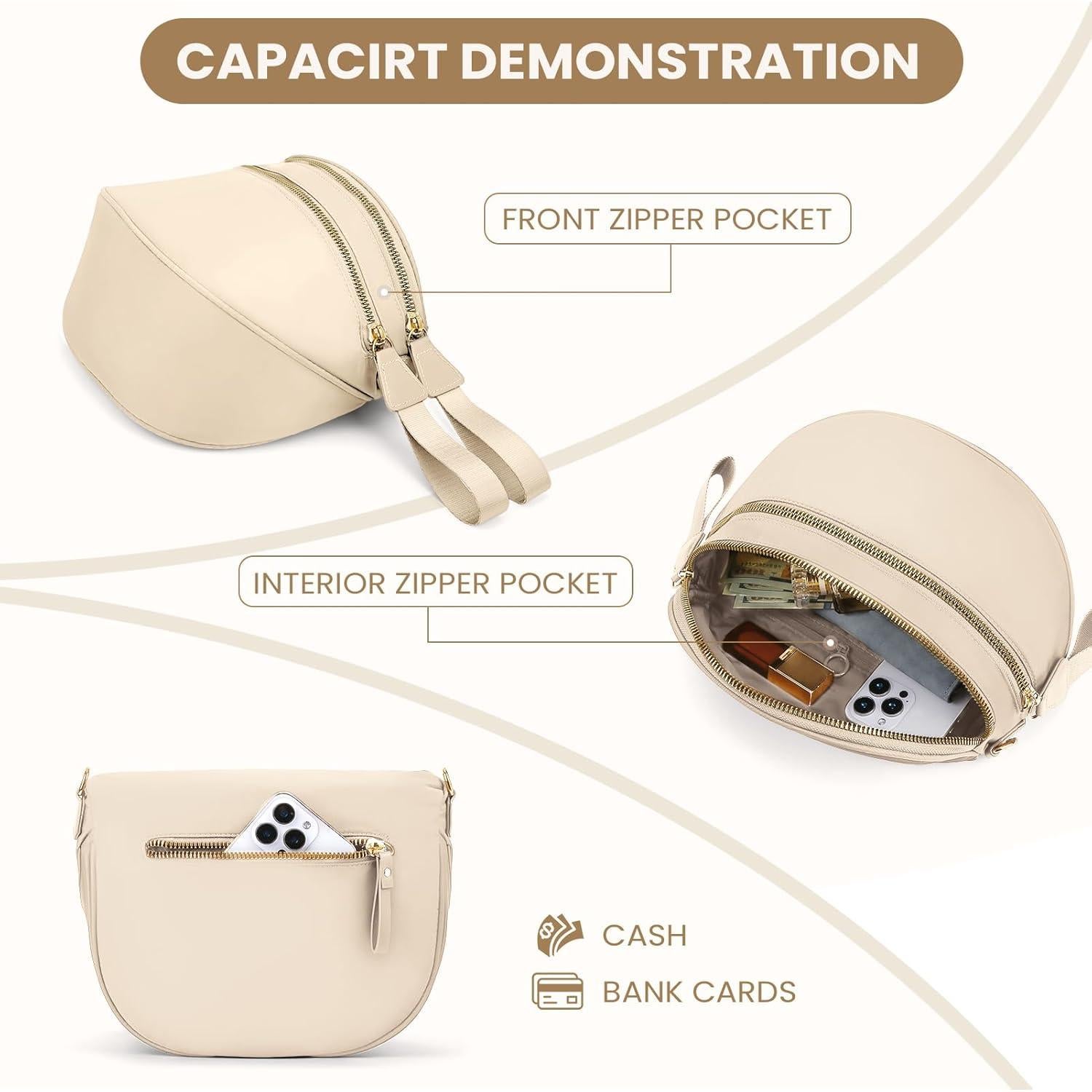 Bolso de Cintura para Mujeres Beige de Nailon 31x14x22 cm