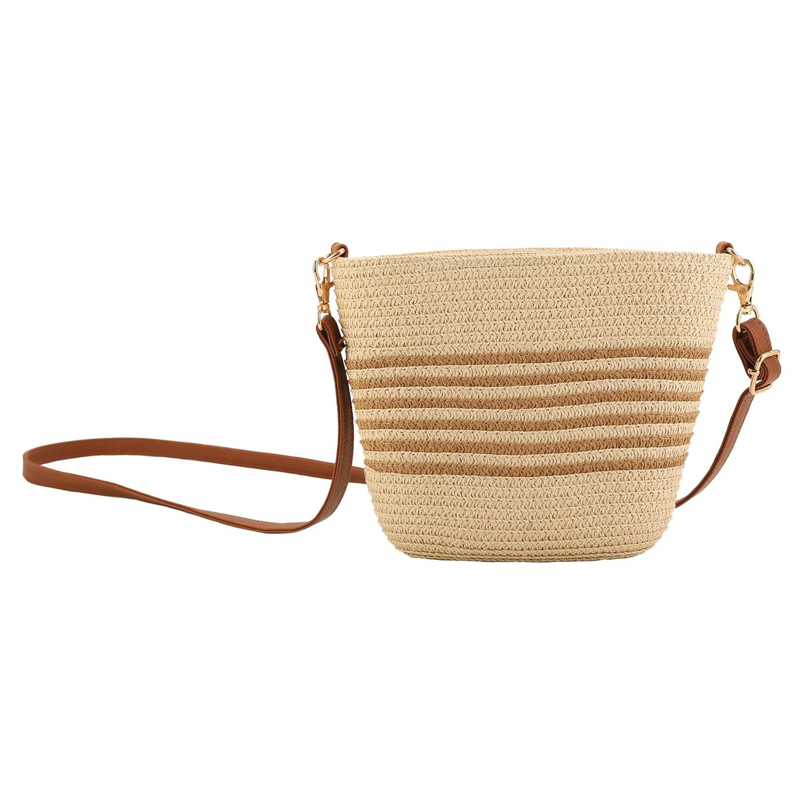 Bolso Cruzado de Paja para Mujeres Rayas Beige-Café 23x15cm