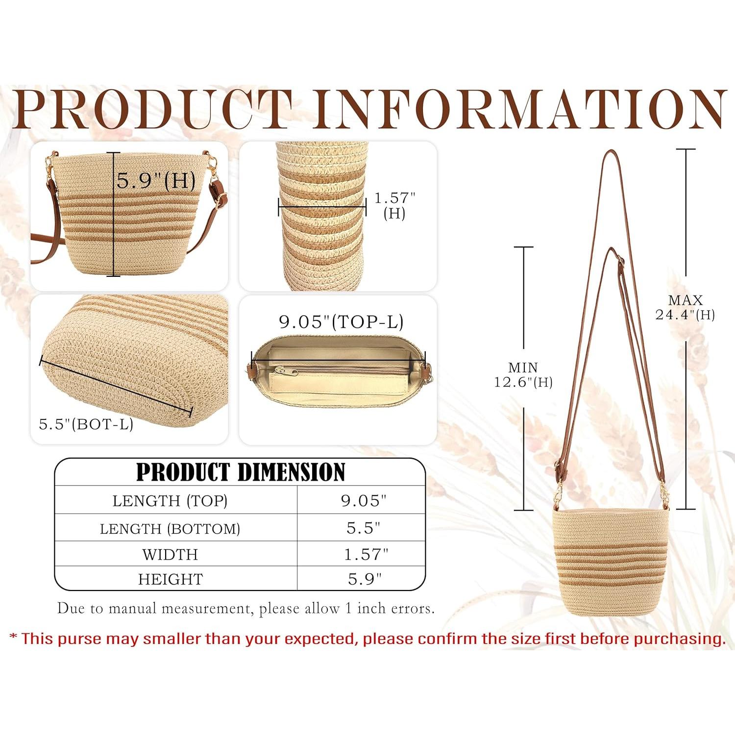 Bolso Cruzado de Paja para Mujeres Rayas Beige-Café 23x15cm