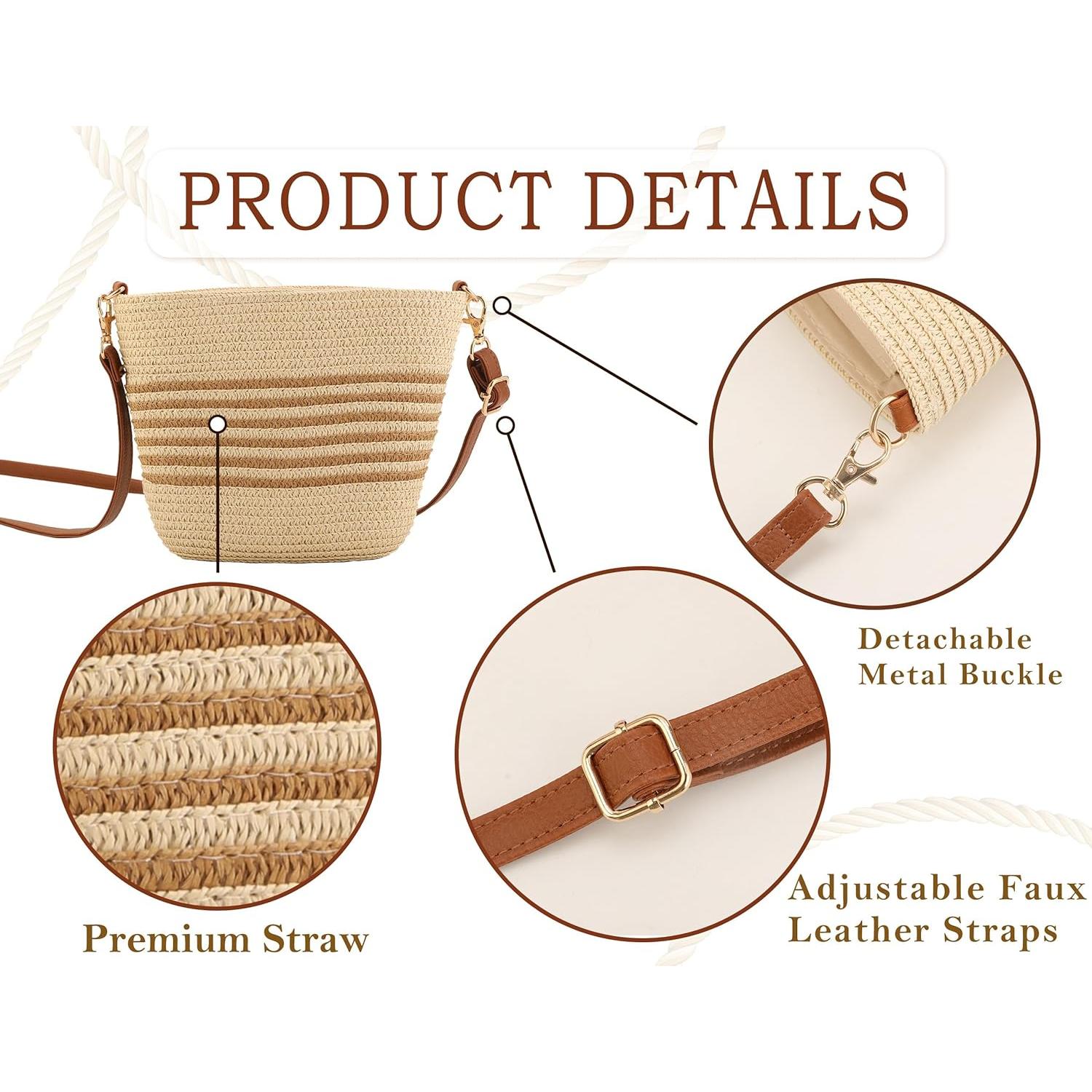 Bolso Cruzado de Paja para Mujeres Rayas Beige-Café 23x15cm
