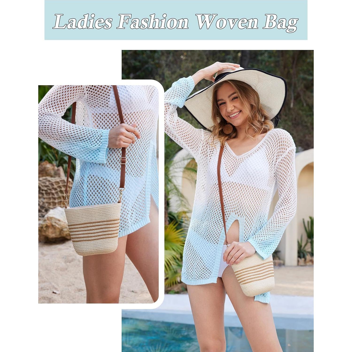 Bolso Cruzado de Paja para Mujeres Rayas Beige-Café 23x15cm