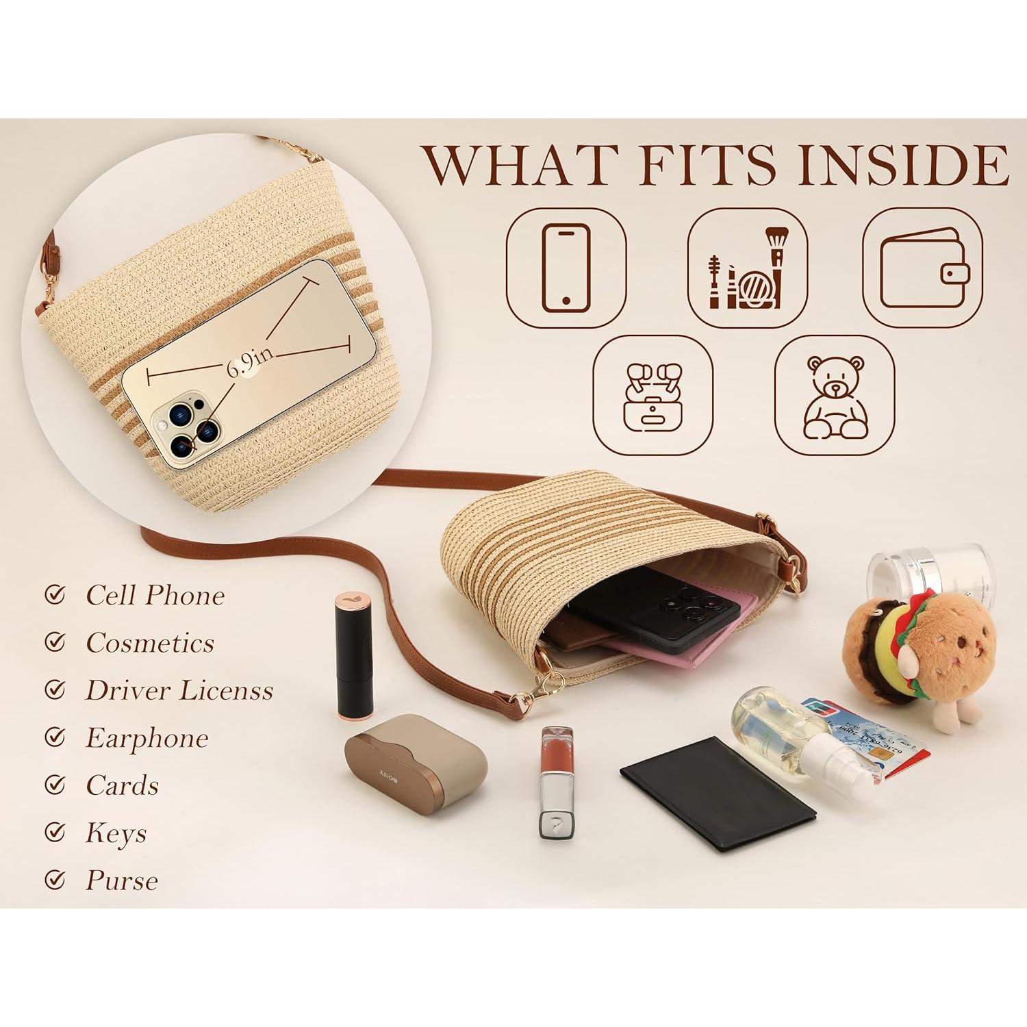 Bolso Cruzado de Paja para Mujeres Rayas Beige-Café 23x15cm