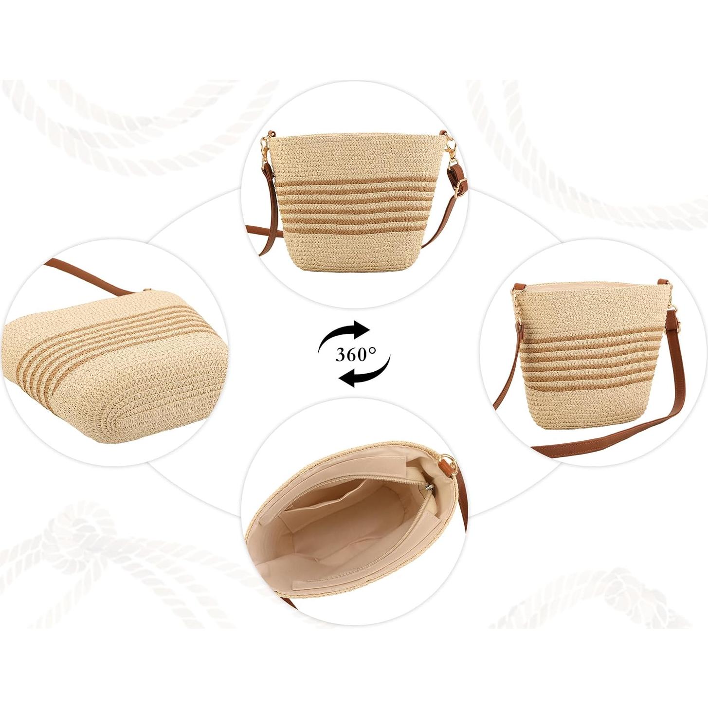 Bolso Cruzado de Paja para Mujeres Rayas Beige-Café 23x15cm