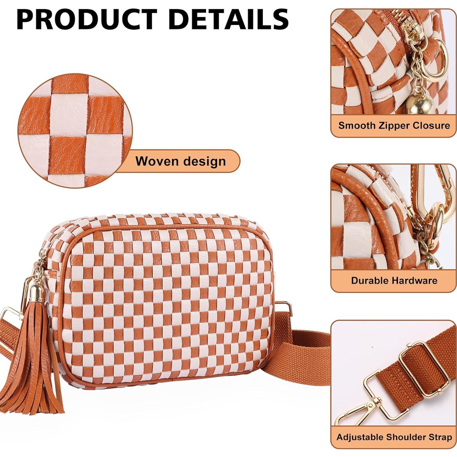 Bolso Cruzado Tejido de Cuero Vegano para Mujeres 24x6.5x17cm