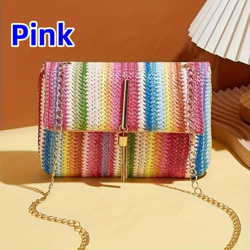 Bolso Cruzado de Paja VTYFRY con Borlas 20.1x13.5cm Rosa