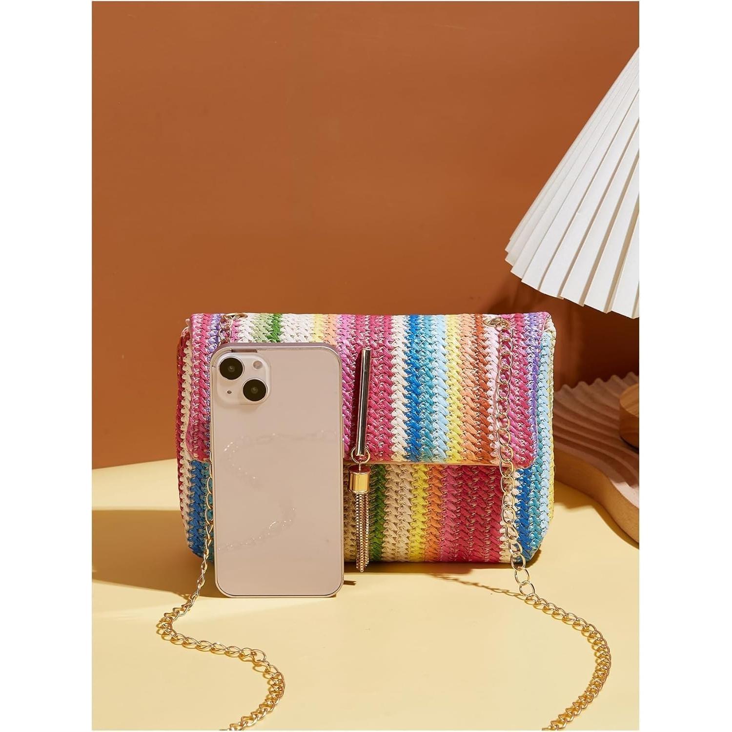 Bolso Cruzado de Paja VTYFRY con Borlas 20.1x13.5cm Rosa