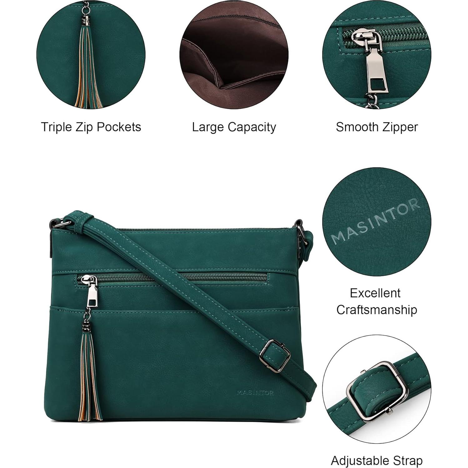 Bolso Cruzado Mediano MASINTOR Verde Vintage de Cuero Vegano
