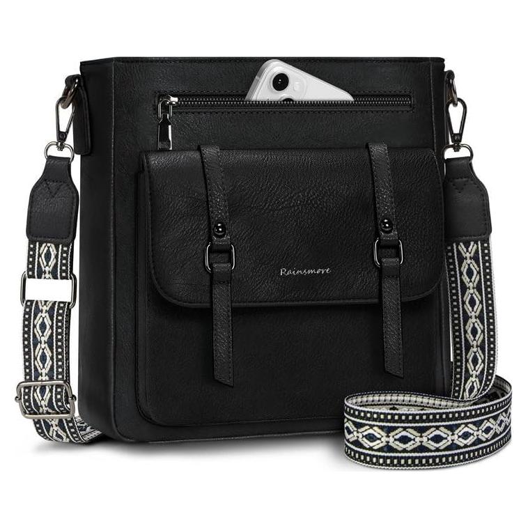 Bolso Cruzado Rainsmore de Cuero Impermeable para Mujeres - Negro