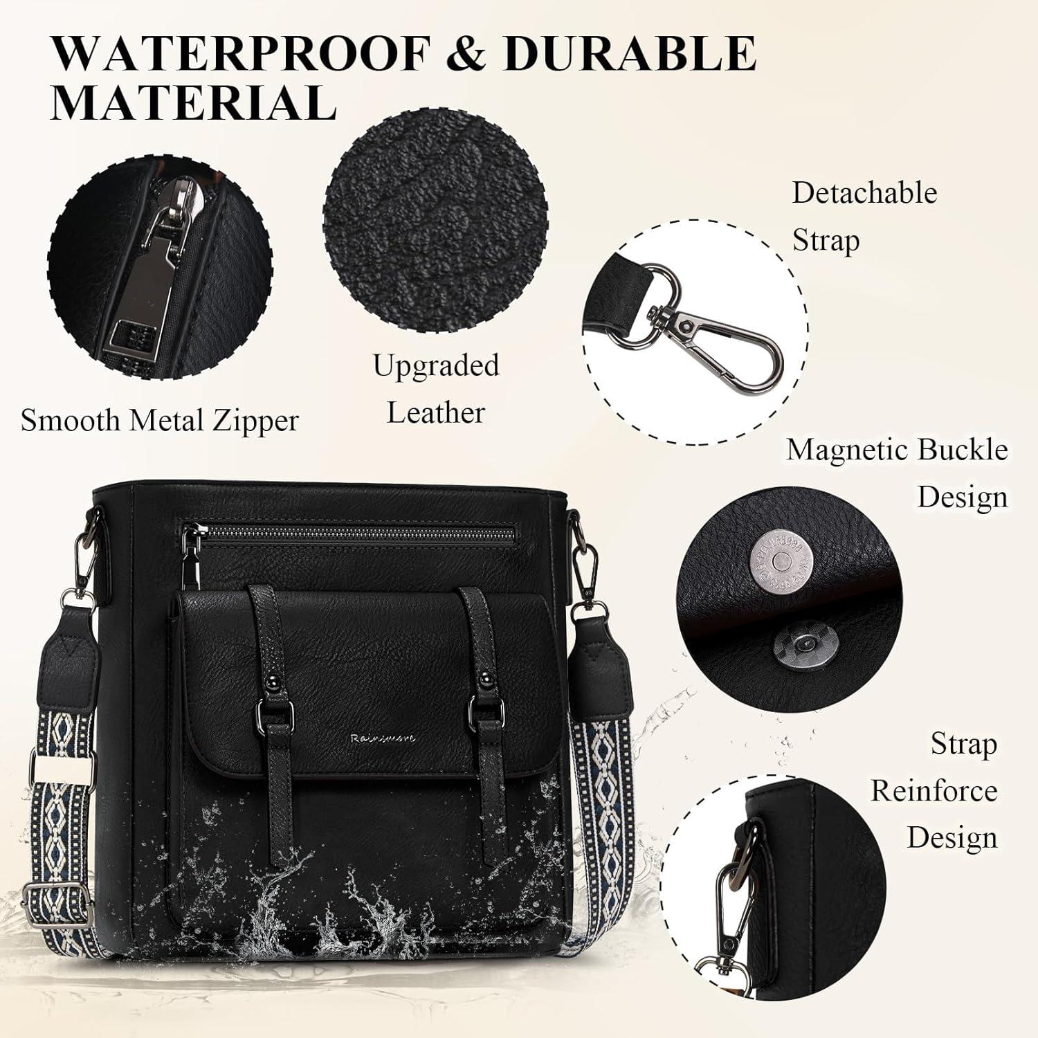 Bolso Cruzado Rainsmore de Cuero Impermeable para Mujeres - Negro