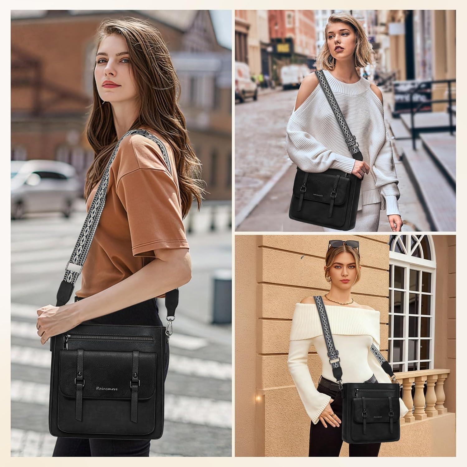 Bolso Cruzado Rainsmore de Cuero Impermeable para Mujeres - Negro