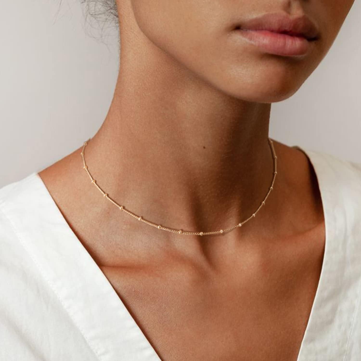 Collar Choker Dainty MEVECCO 14K Oro con Perlas 33-38 cm