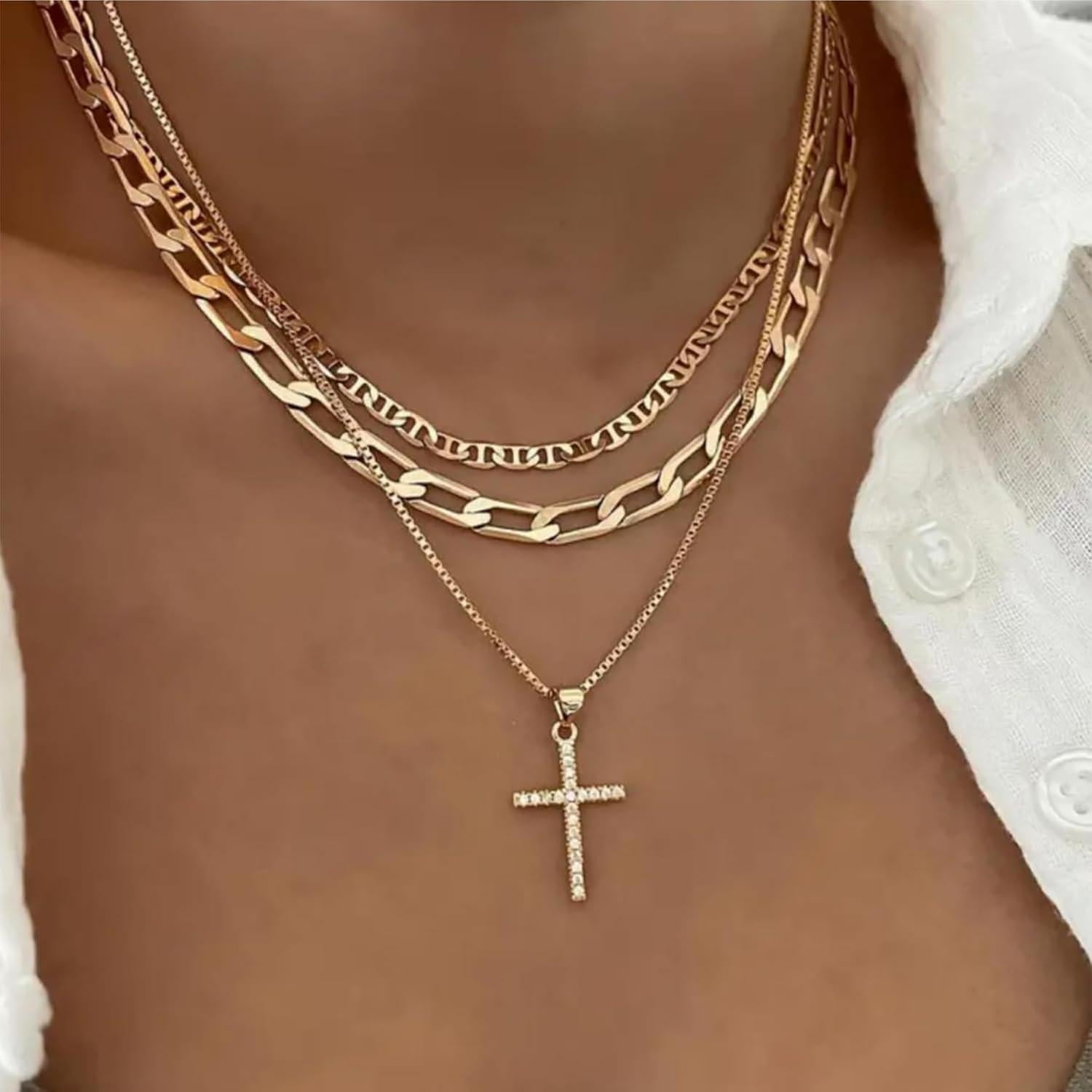Collar Cruz en Capas de Oro 14K para Mujeres - Joyería Religiosa