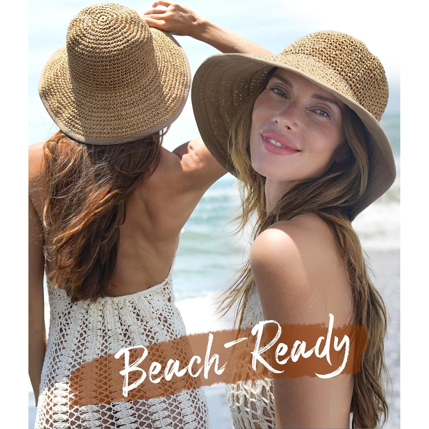 Sombrero de Playa de Paja FURTALK para Mujeres UPF 50 Caqui