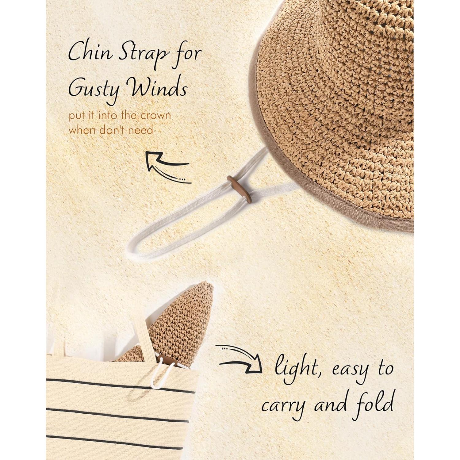 Sombrero de Playa de Paja FURTALK para Mujeres UPF 50 Caqui