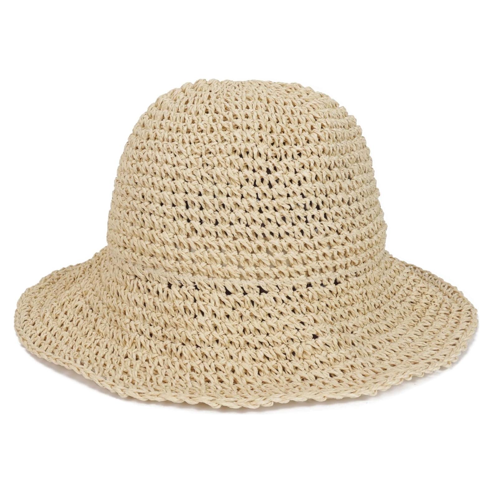 Sombrero de Paja de Ala Ancha para Mujeres Beige Plegable