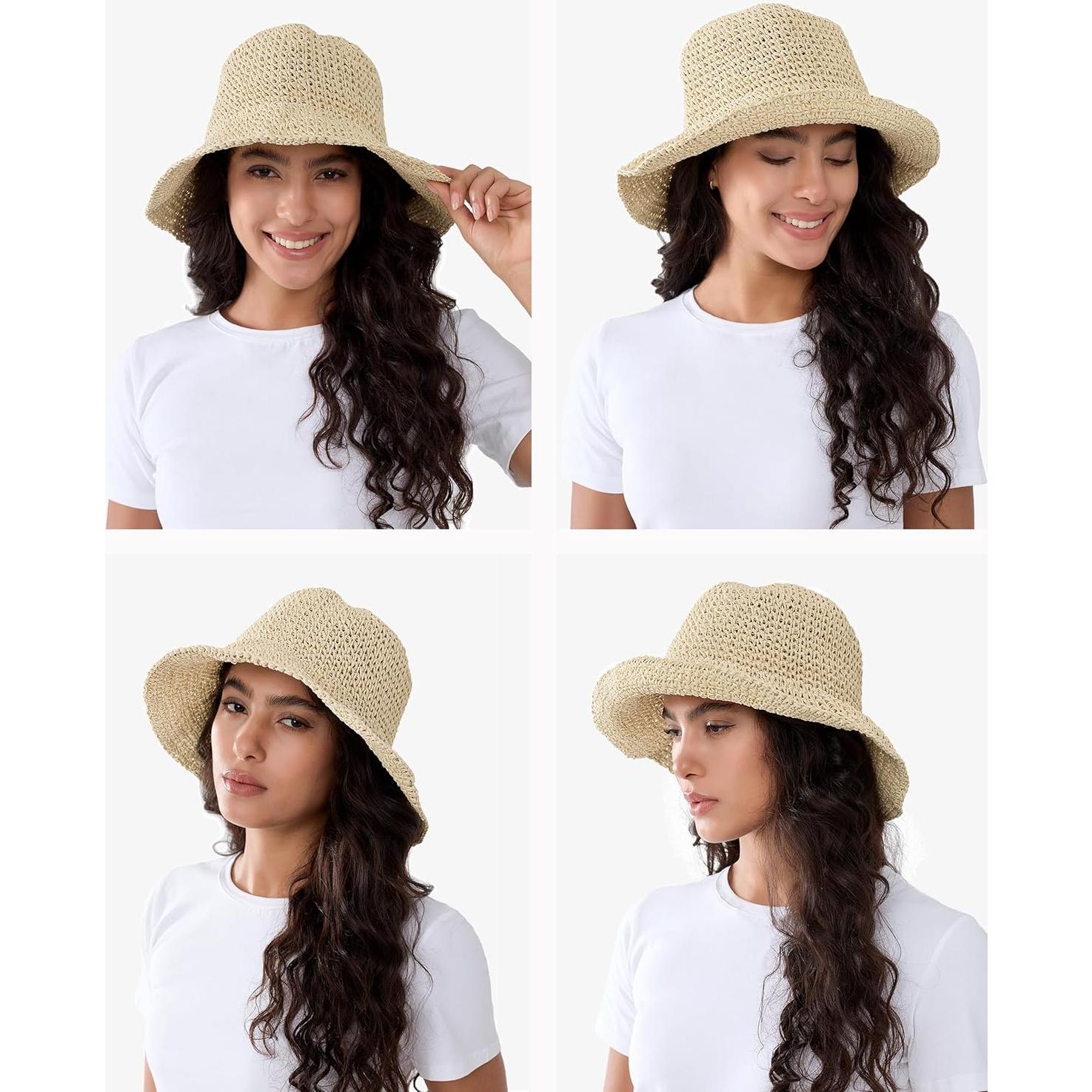 Sombrero de Paja de Ala Ancha para Mujeres Beige Plegable