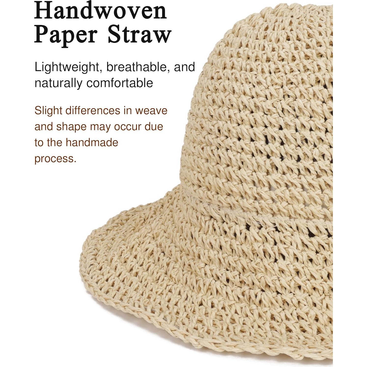 Sombrero de Paja de Ala Ancha para Mujeres Beige Plegable