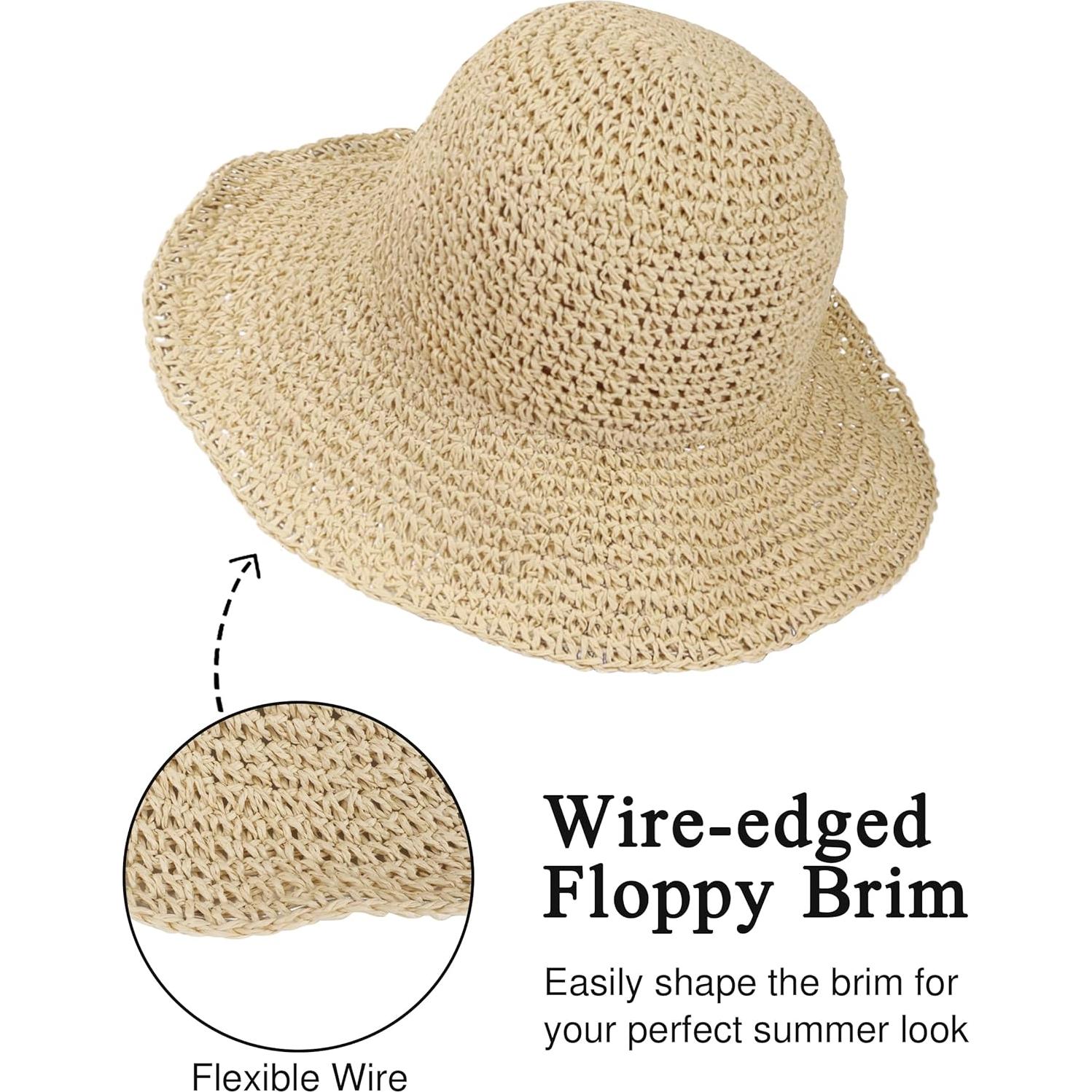 Sombrero de Paja de Ala Ancha para Mujeres Beige Plegable
