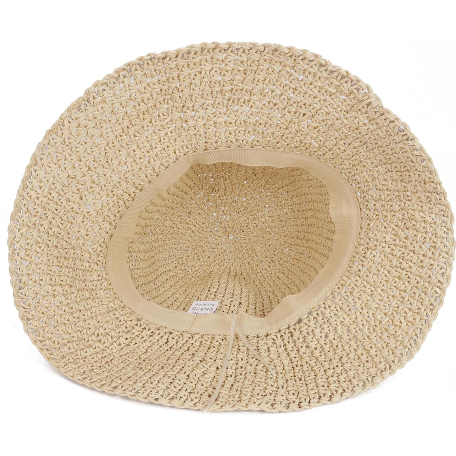 Sombrero de Paja de Ala Ancha para Mujeres Beige Plegable