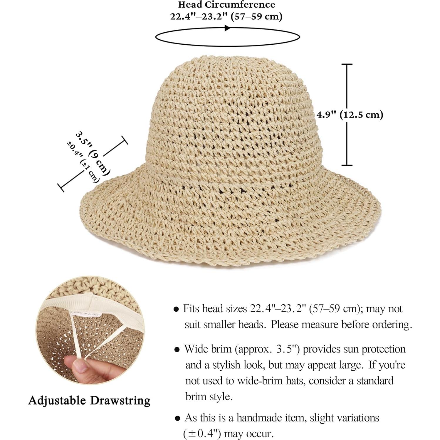 Sombrero de Paja de Ala Ancha para Mujeres Beige Plegable