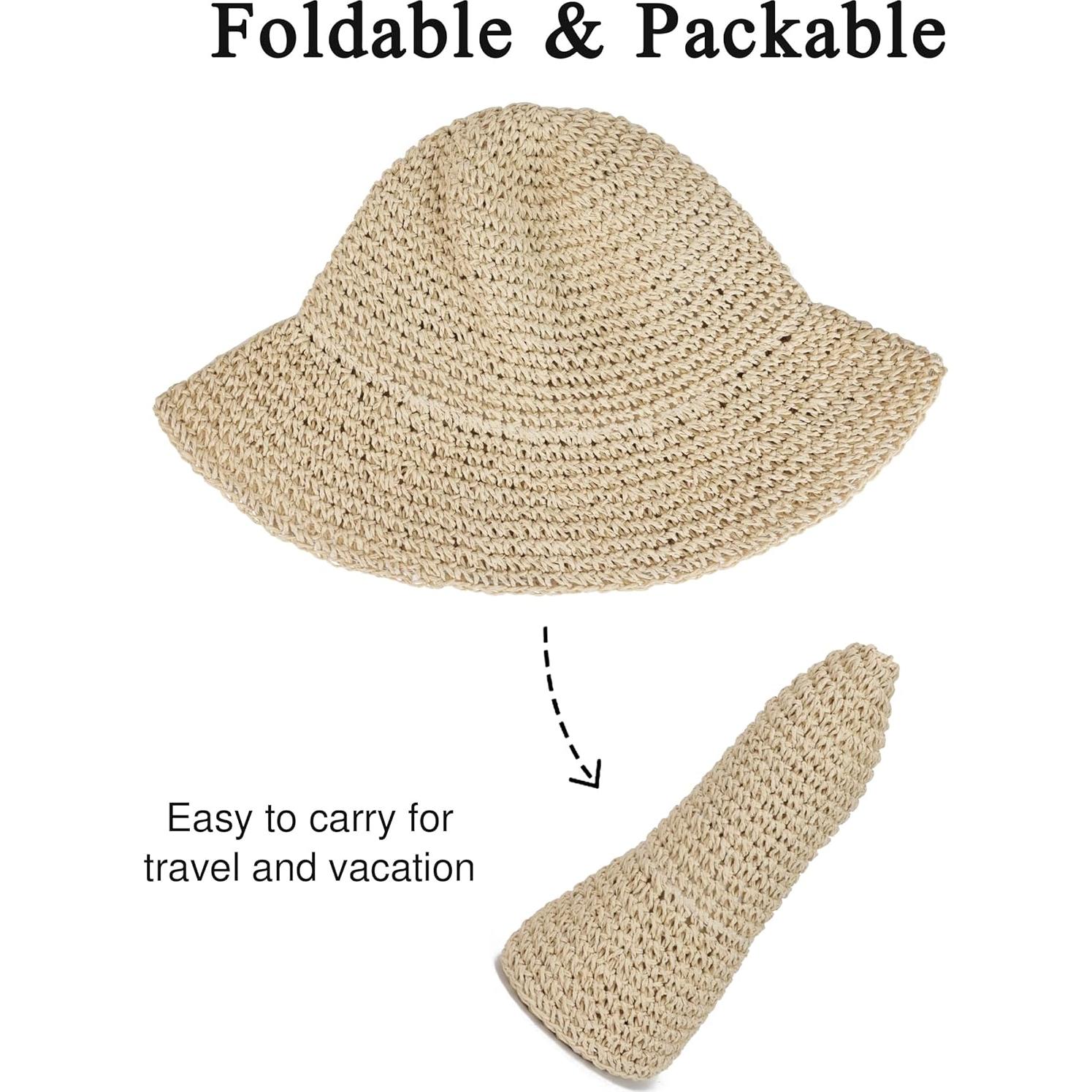 Sombrero de Paja de Ala Ancha para Mujeres Beige Plegable