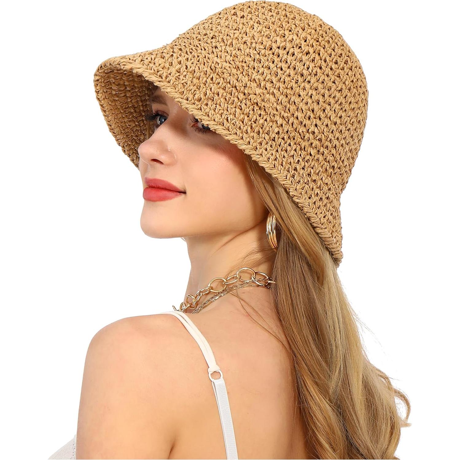 Sombrero de sol de paja para mujer UPF 50+ plegable caqui