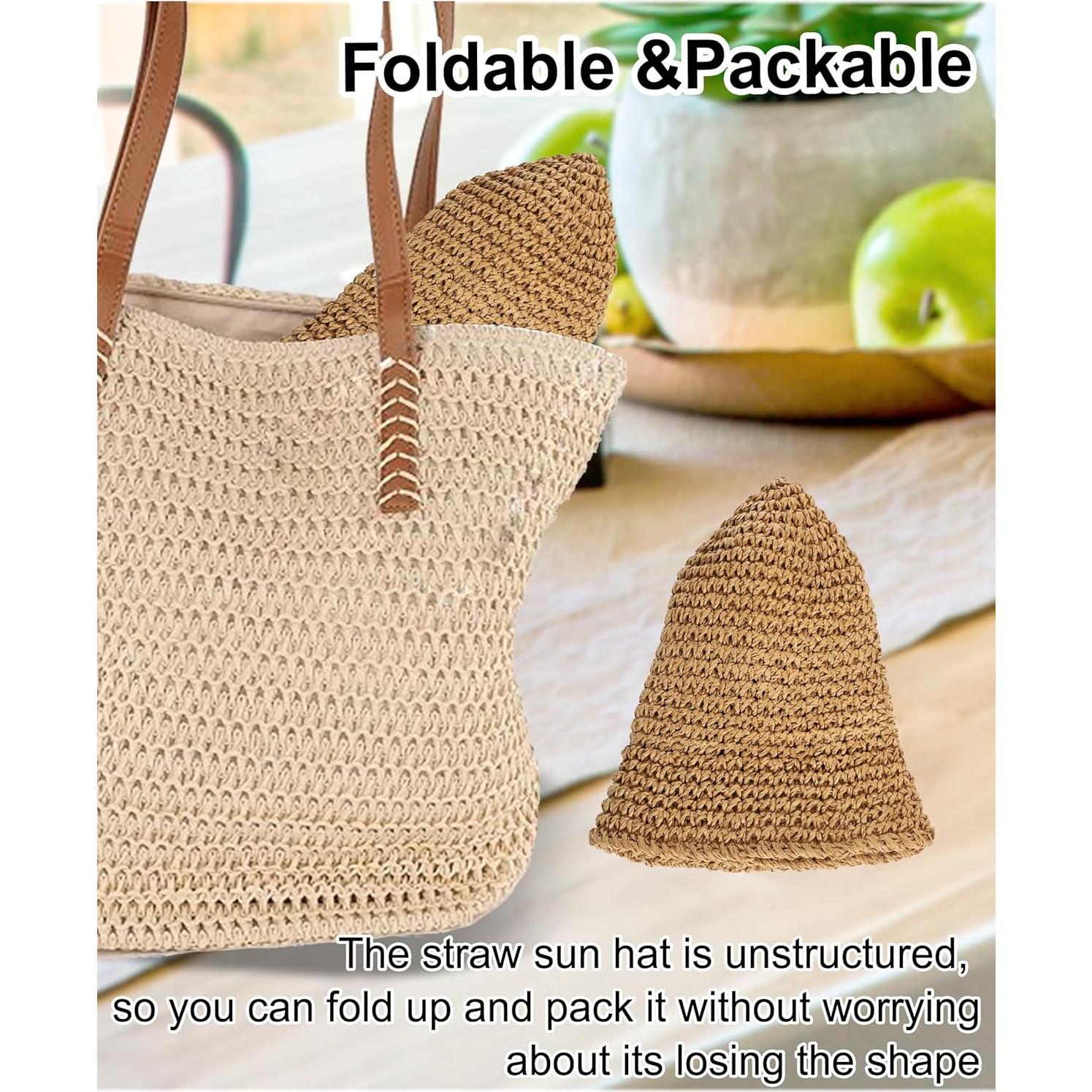 Sombrero de sol de paja para mujer UPF 50+ plegable caqui