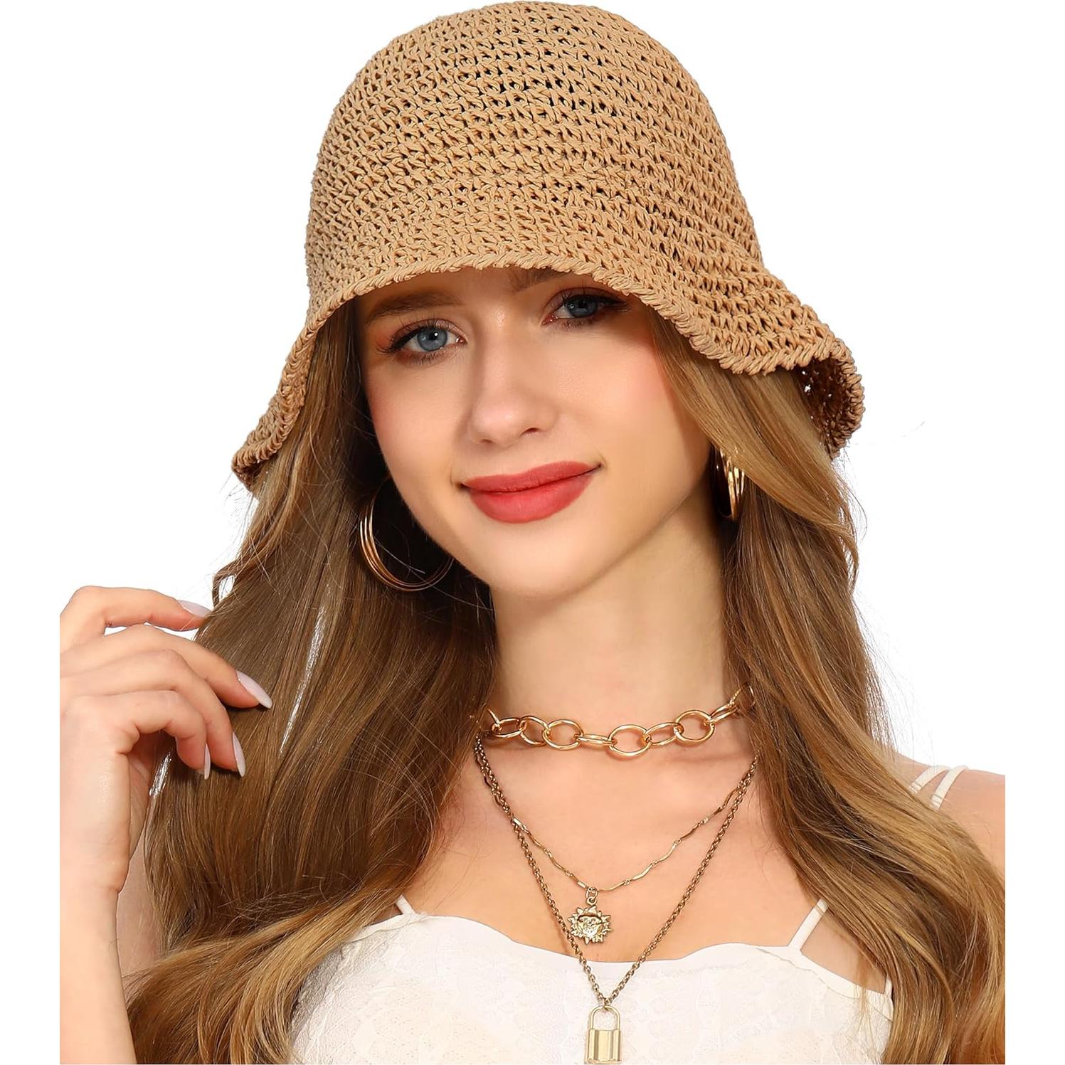 Sombrero de sol de paja para mujer UPF 50+ plegable caqui