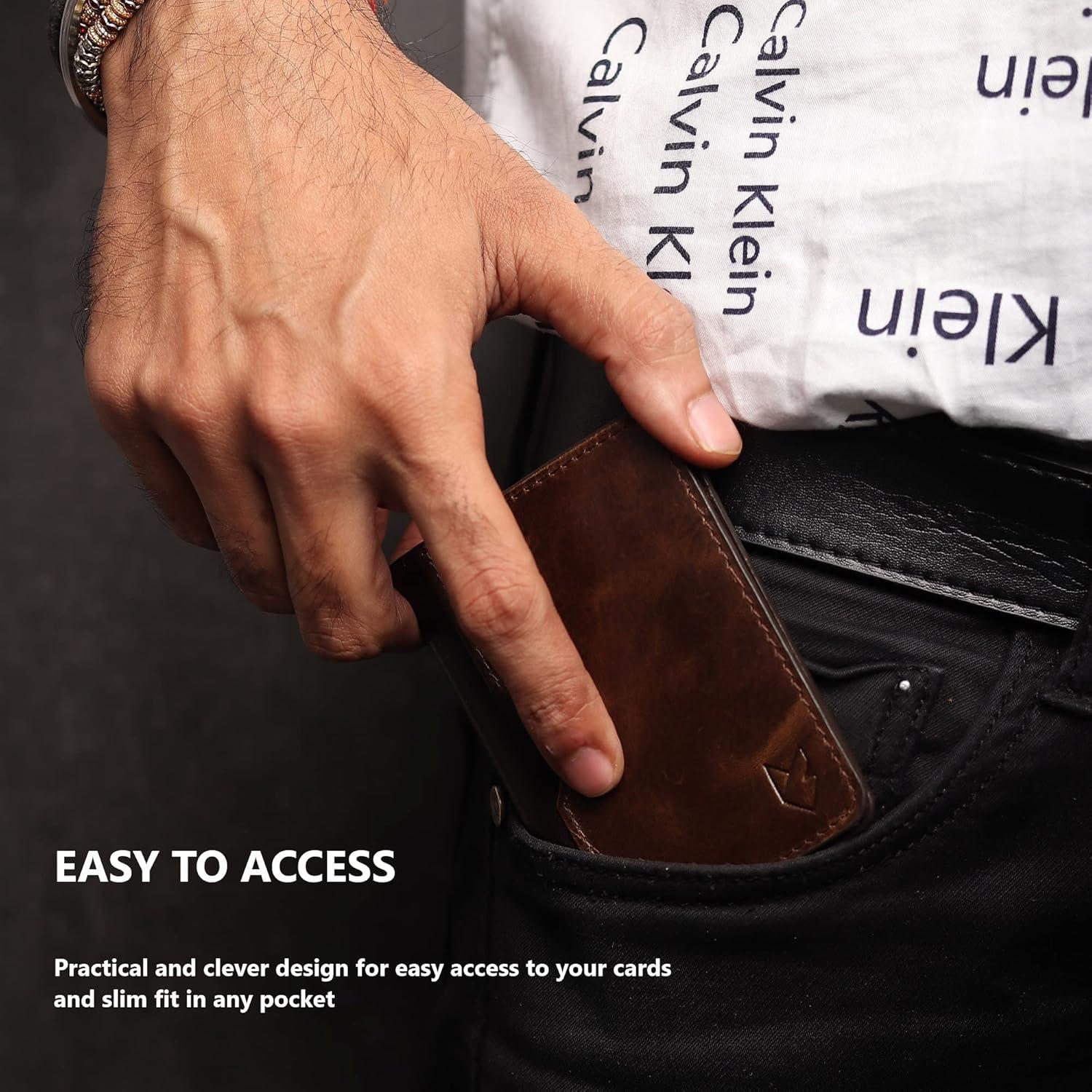 Billetera de cuero Foxhackle bifold delgada con bloqueo RFID