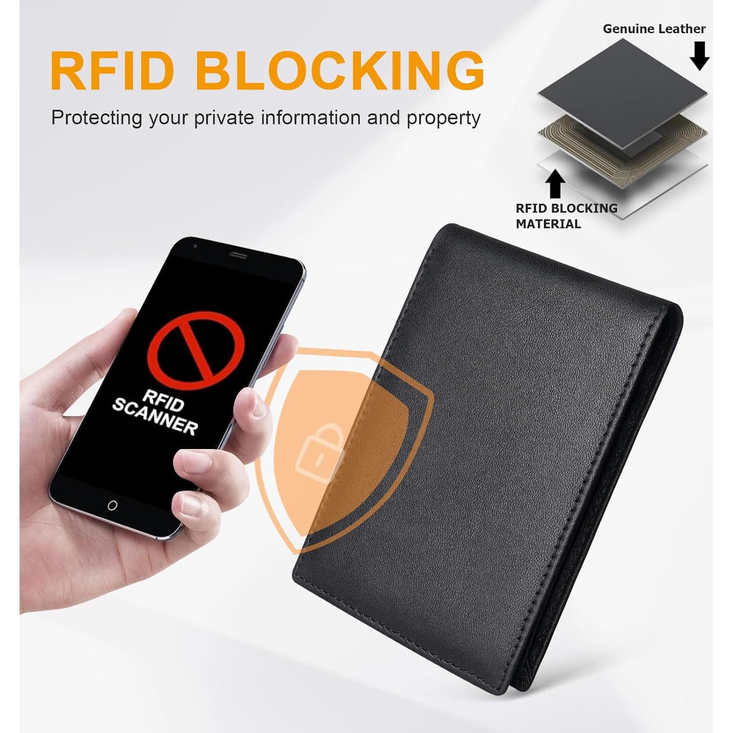 Cartera delgada de cuero genuino BSMUWOT con bloqueo RFID